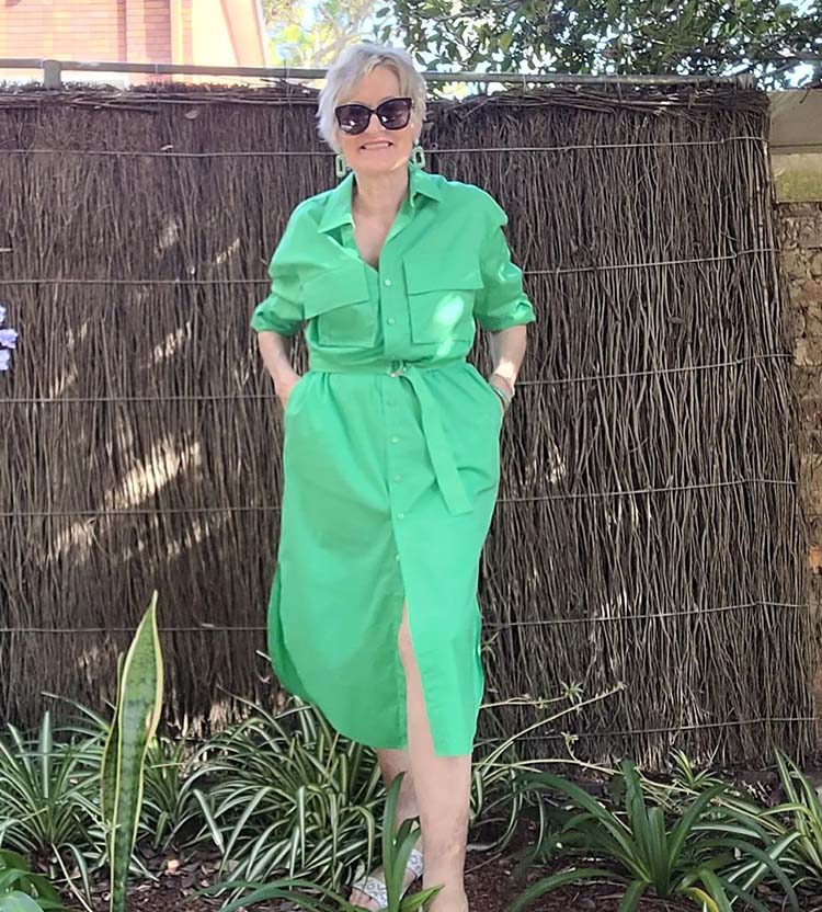 Barb wears a green shirt dress | 40plusstyle.com