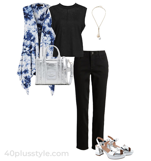 Draped cardigan, tank top and jeans | 40plusstyle.com