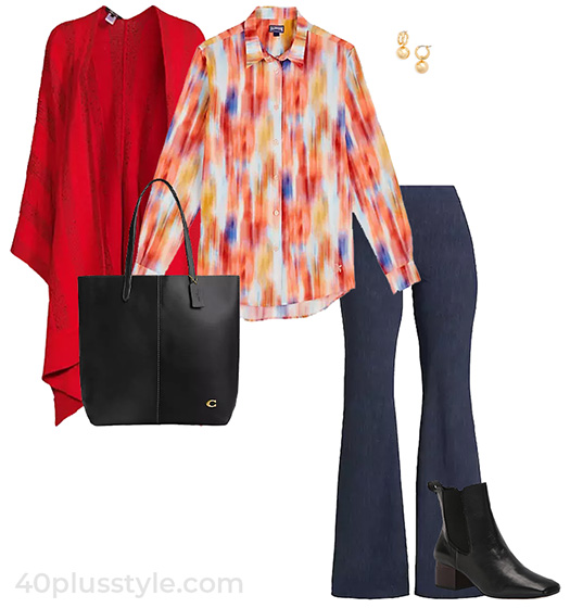 Christmas day outfits - cardigan, shirt, flared pants and booties | 40plusstyle.com