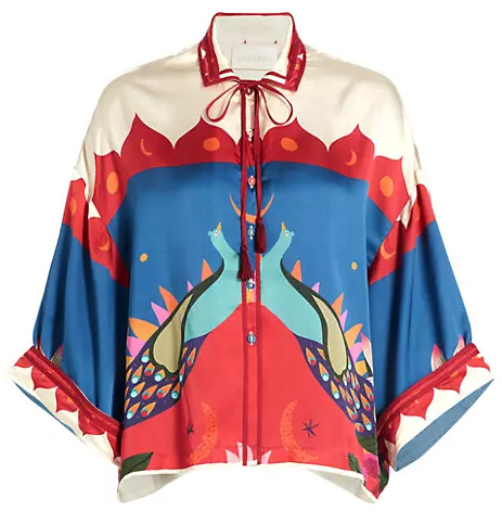 Carolina K Peacock-Print Satin Shirt | 40plusstyle.com