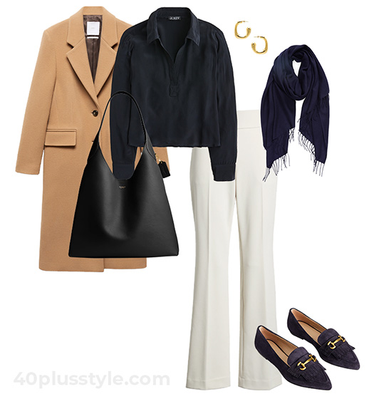 Beige coat and white pants outfit | 40plusstyle.com