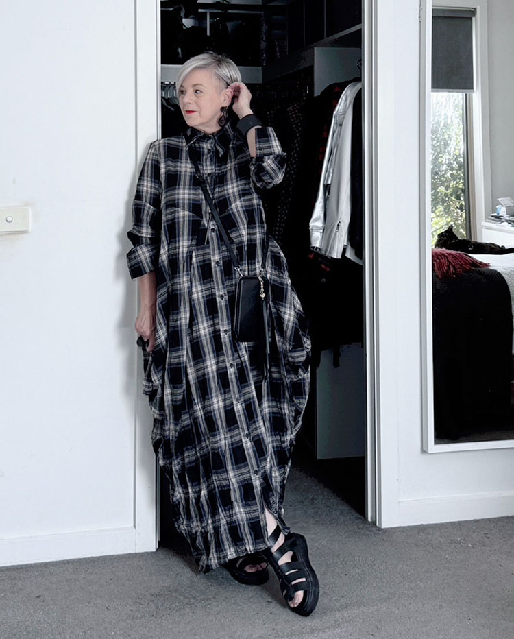 Deborah in plaid shirtdress and sandals | 40plusstyle.com