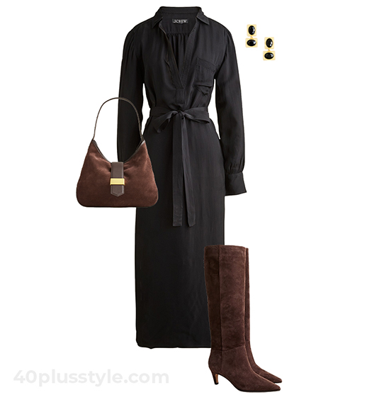 Black shirt dress and knee high boots outfit | 40plusstyle.com