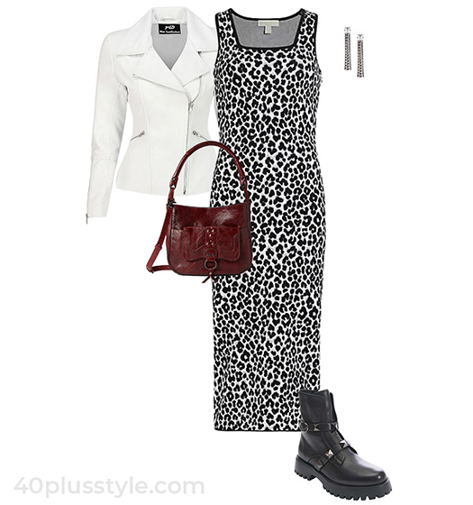 Moto jacket, print dress and boots | 40plusstyle.com