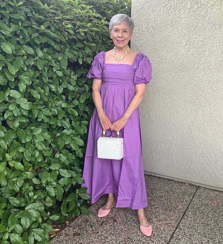 Colors that go together - Eileen wears a purple dress | 40plusstyle.com