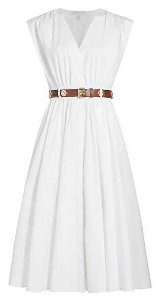 MICHAEL Michael Kors Stretch-Cotton Poplin Belted Midi-Dress | 40plusstyle.com