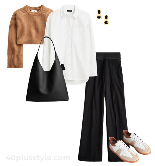 Beige sweater and black pants outfit | 40plusstyle.com