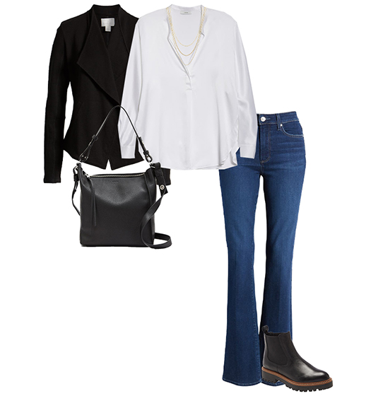 Fall outfit: blazer, silk shirt, bootcut jeans and boots | 40plusstyle.com