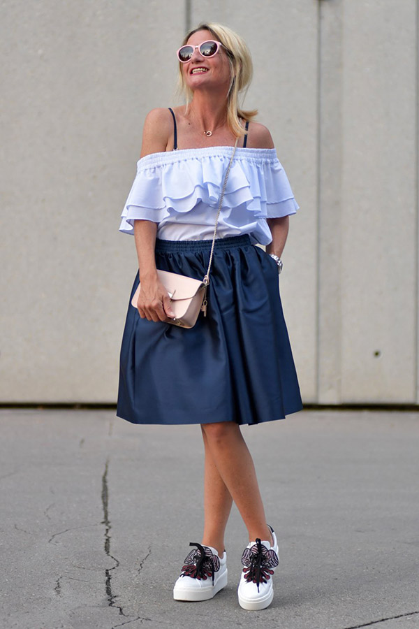 White ruffled off-shoulder top | 40plusstyle.com