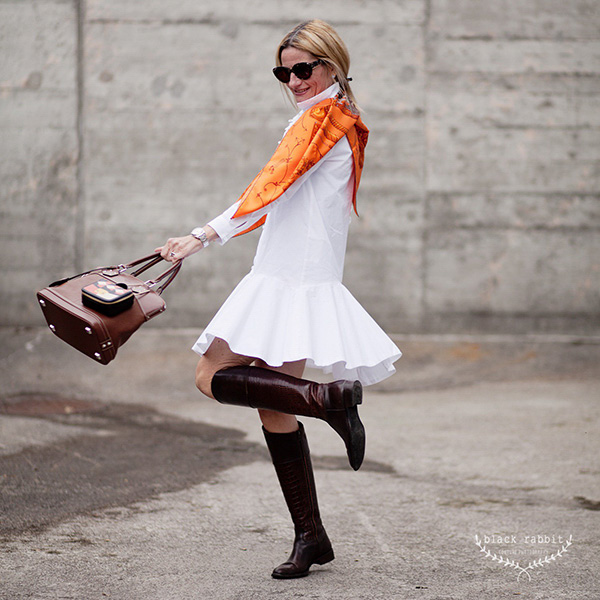 Chic and mod outfit ideas: White Zara dress with a scarf and high cut boots | 40plusstyle.com