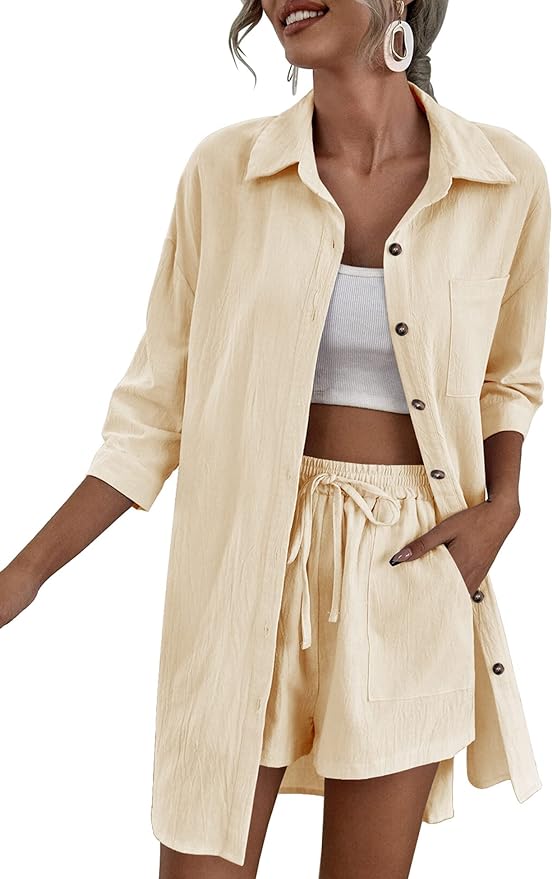 Zeagoo Cotton Linen High Low Shirt and Drawstring Shorts Set | 40plusstyle.com